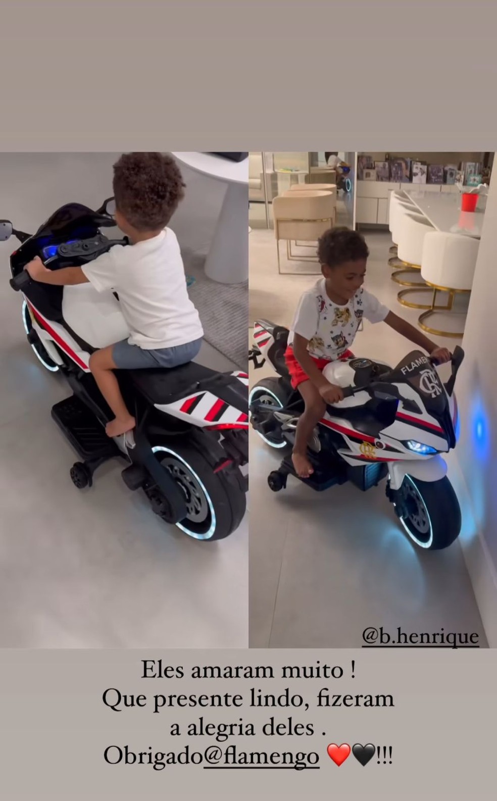 Filhos de Bruno Henrique com moto do Flamengo — Foto: Reprodução