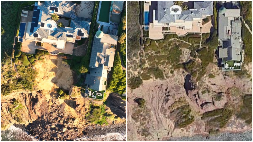 Montagem mostra antes e depois de encosta que desabou na Califórnia — Foto: Reprodução