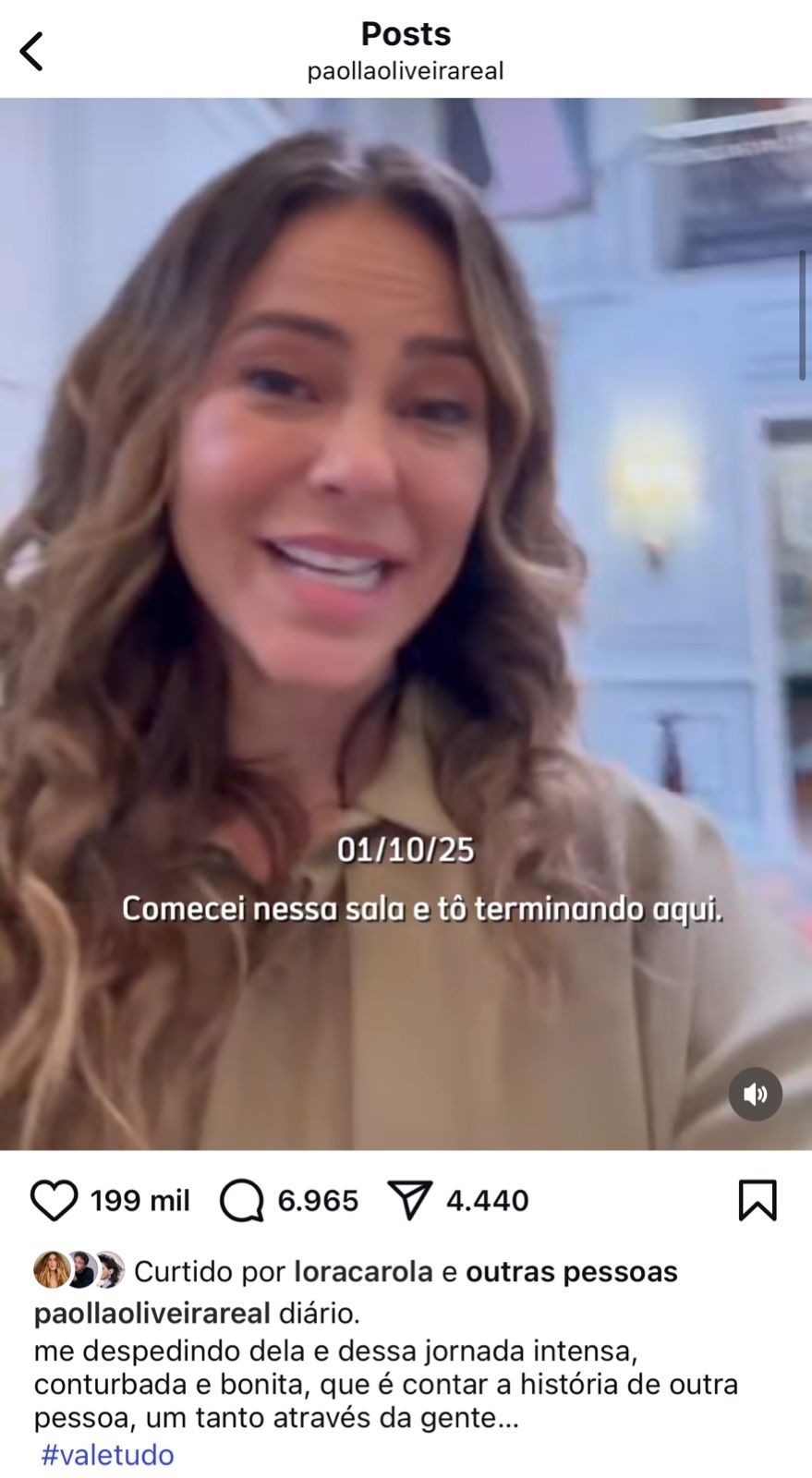 Paolla Oliveira se despede do set de 'Vale tudo' — Foto: Reprodução/Instagram