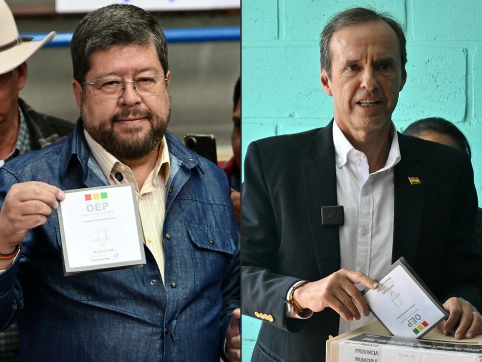 Samuel Doria Medina (à esq.) e Jorge "Tuto" Quiroga (à dir.) votam em escolas de La Paz nas eleições presidenciais da Bolívia. — Foto: AFP