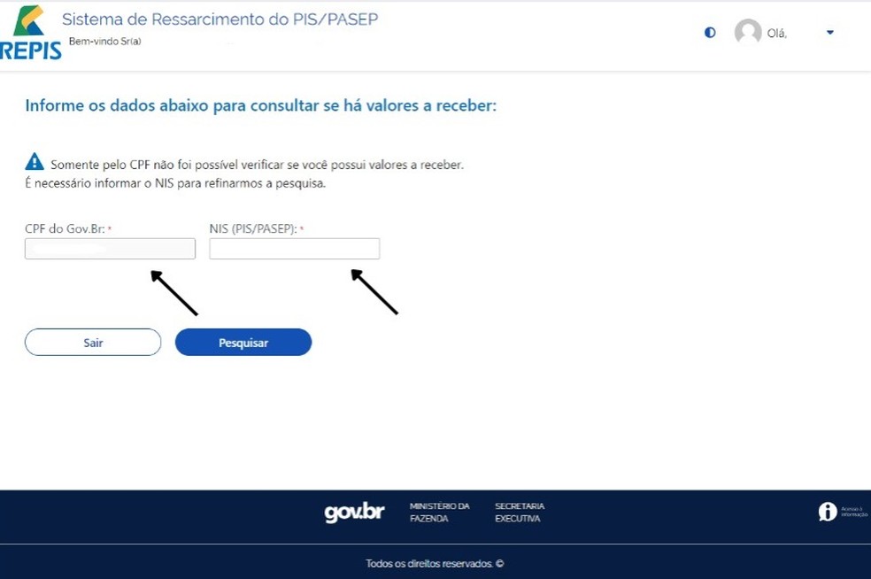 Página de consulta dos valores a receber — Foto: Reprodução