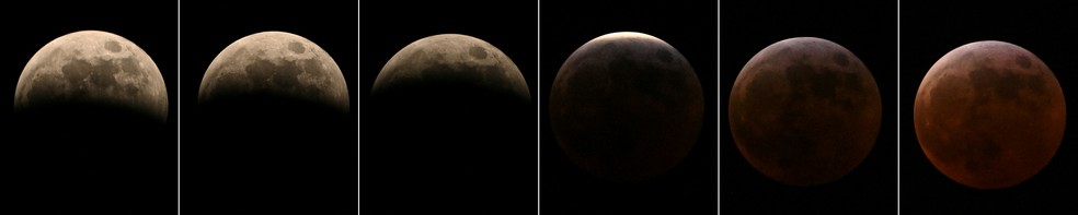 Evolução da Lua de sangue na Cidade do México, em 13 de março de 2025 — Foto: Yuri CORTEZ / AFP