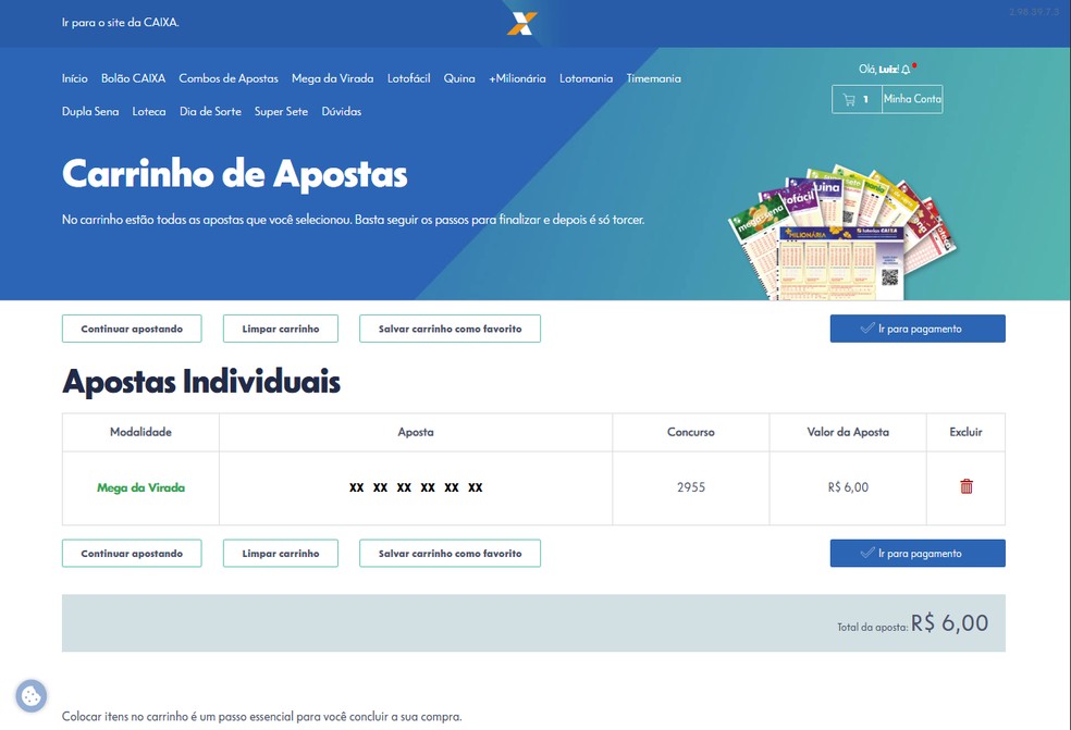 Carrinho de apostas da Mega da Virada 2025 — Foto: Reprodução: Caixa Econômica Federal