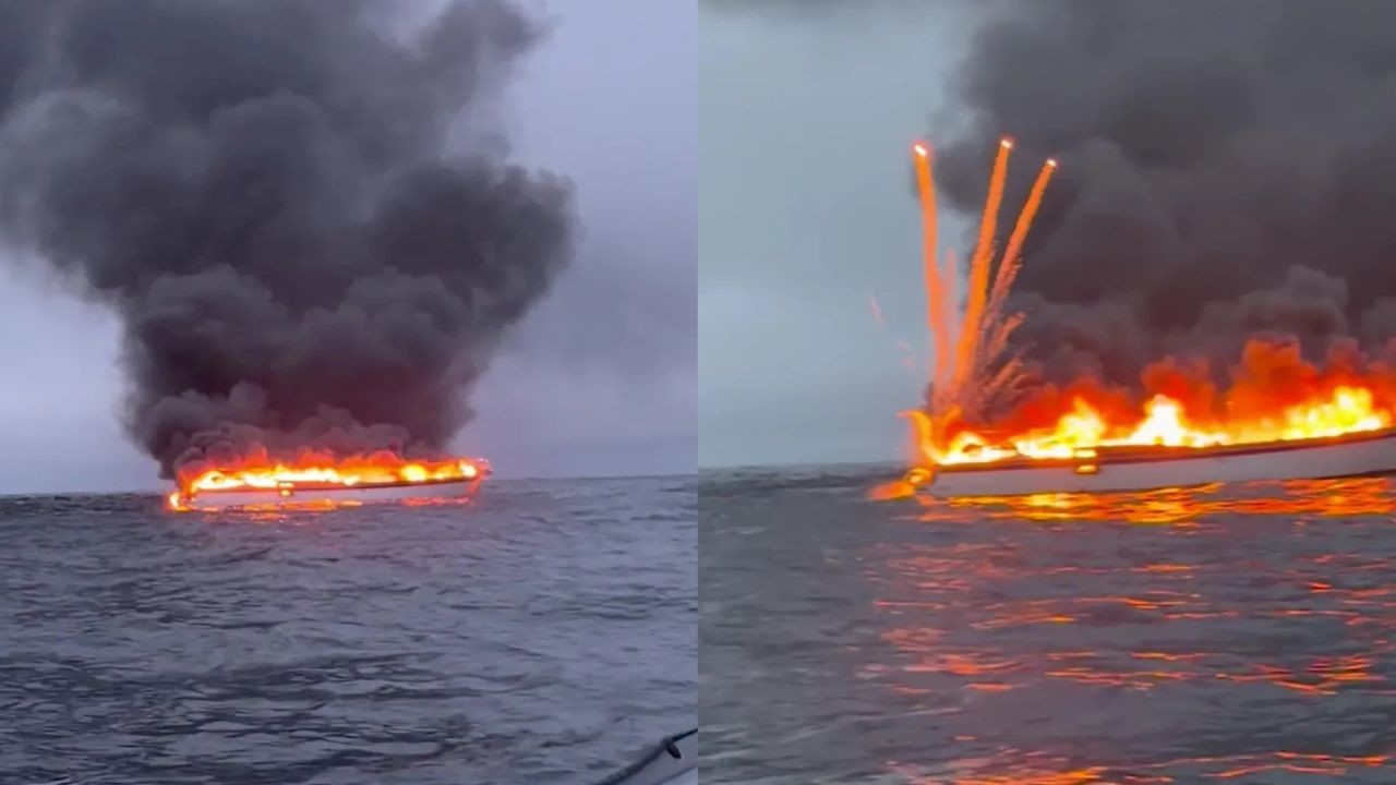 Iate de 18 metros pega fogo na costa da Inglaterra, e quatro pessoas são resgatadas sem ferimentos