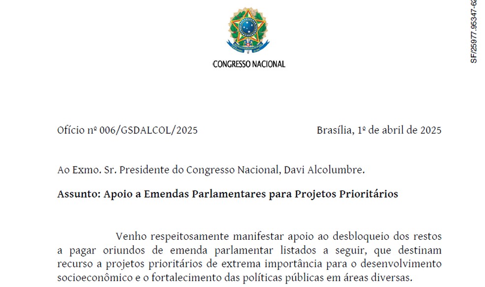 Of�cio de Davi Alcolumbre pedindo a libera��o de recursos enviado em 1� de abril de 2025 � Foto: Reprodu��o