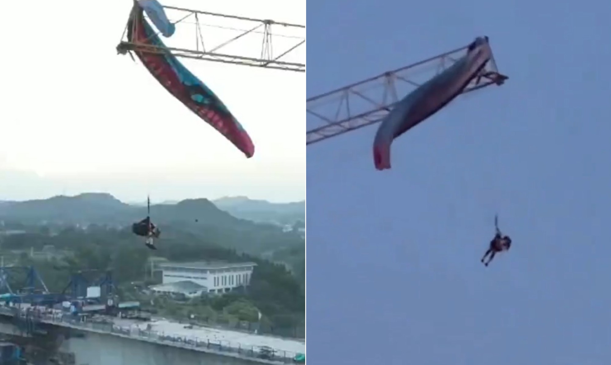 Parapentista fica pendurado a 60 metros de altura após se prender em guindaste na China; veja vídeos