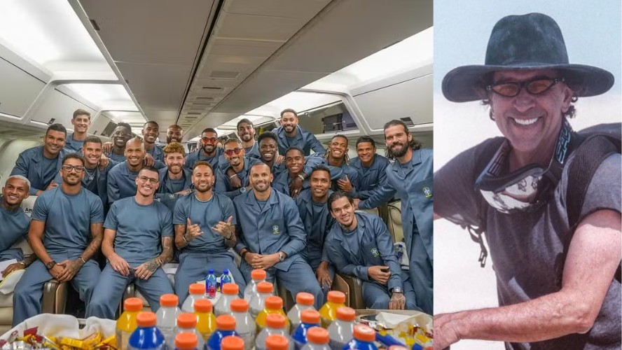Jogadores da seleção com o uniforme de viagem feito pelo estilista Ricardo Almeida, à direita