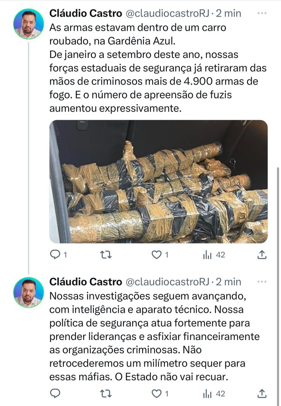 Governador Cláudio Castro disse numa rede social que estado do Rio não irá retroceder no combate às máfias — Foto: Reprodução