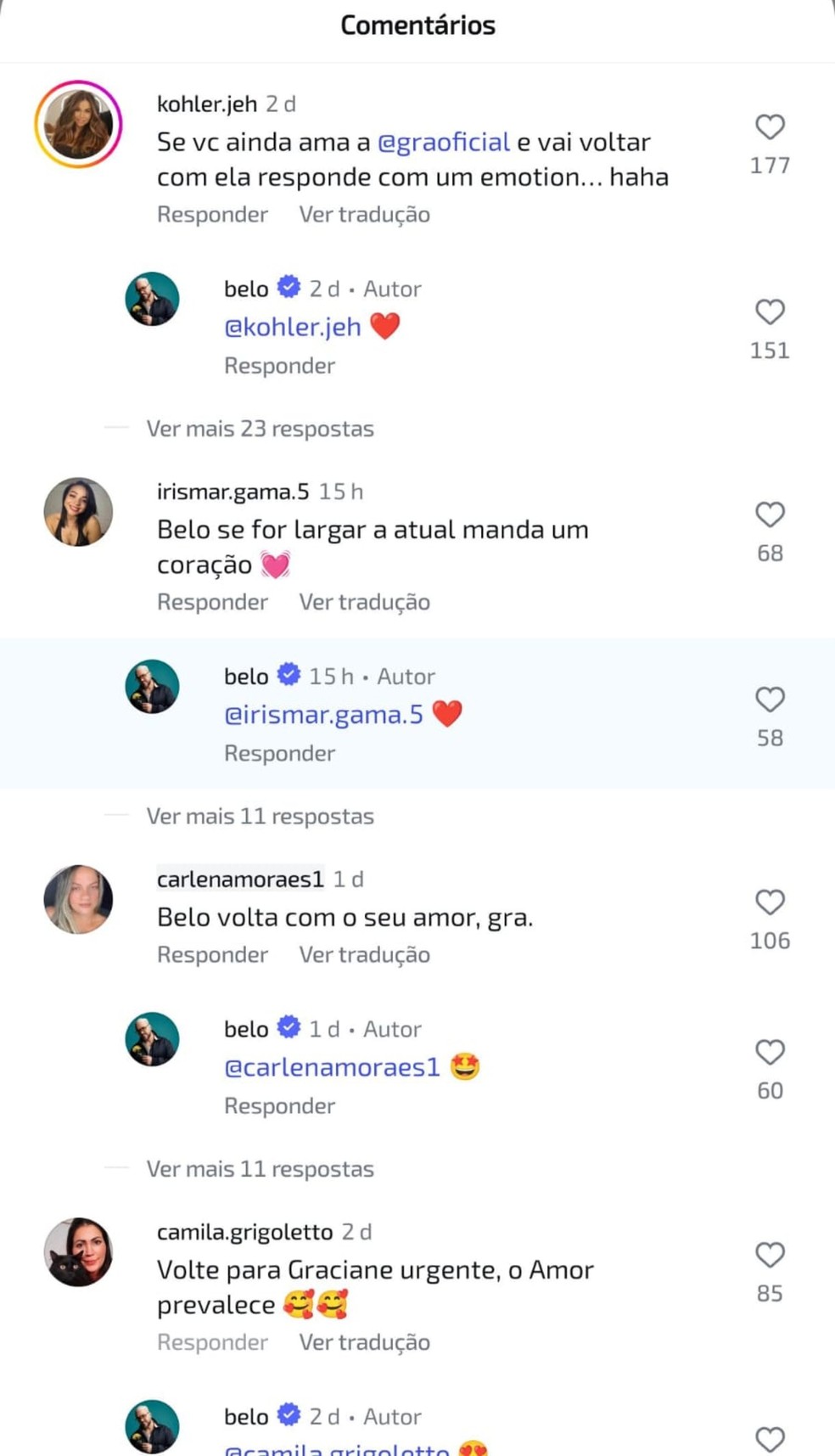 Belo interagiu com seguidores e reacendeu esperan&ccedil;a de reconcilia&ccedil;&atilde;o com Gracyanne Barbosa &mdash; Foto: Reprodu&ccedil;&atilde;o Instagram