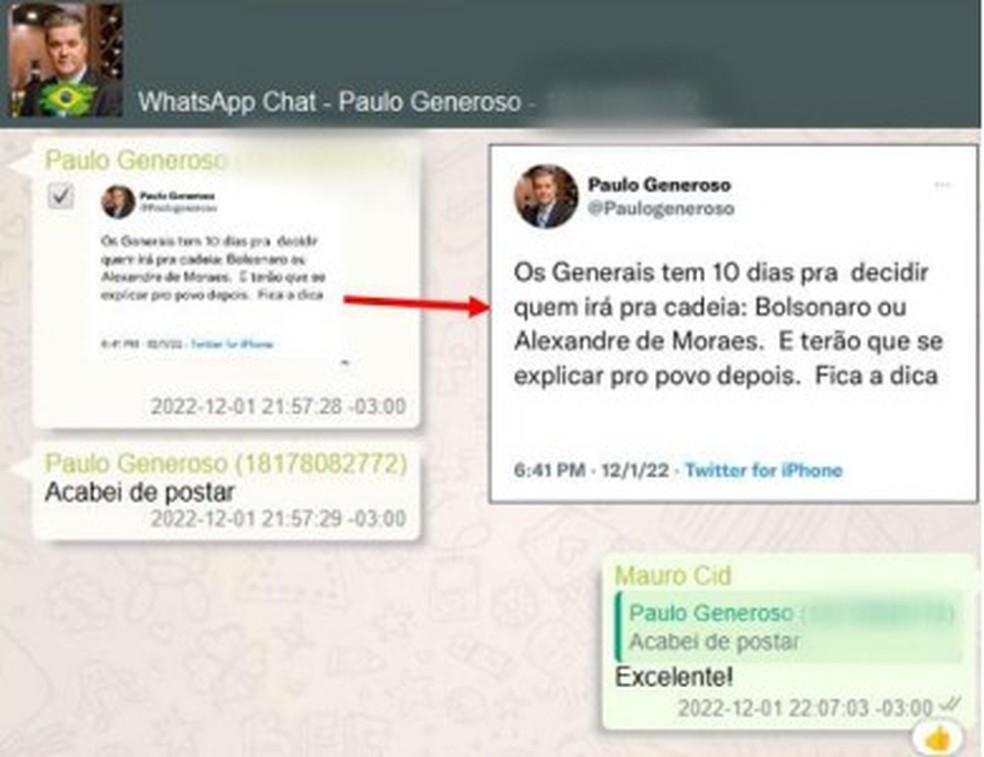 Paulo Generoso troca mensagem com tenente-coronel Mauro Cid e mostra post publicado em rede social que incitava Alto Comando do Exército a aderir ao golpe — Foto: Reprodução/PF