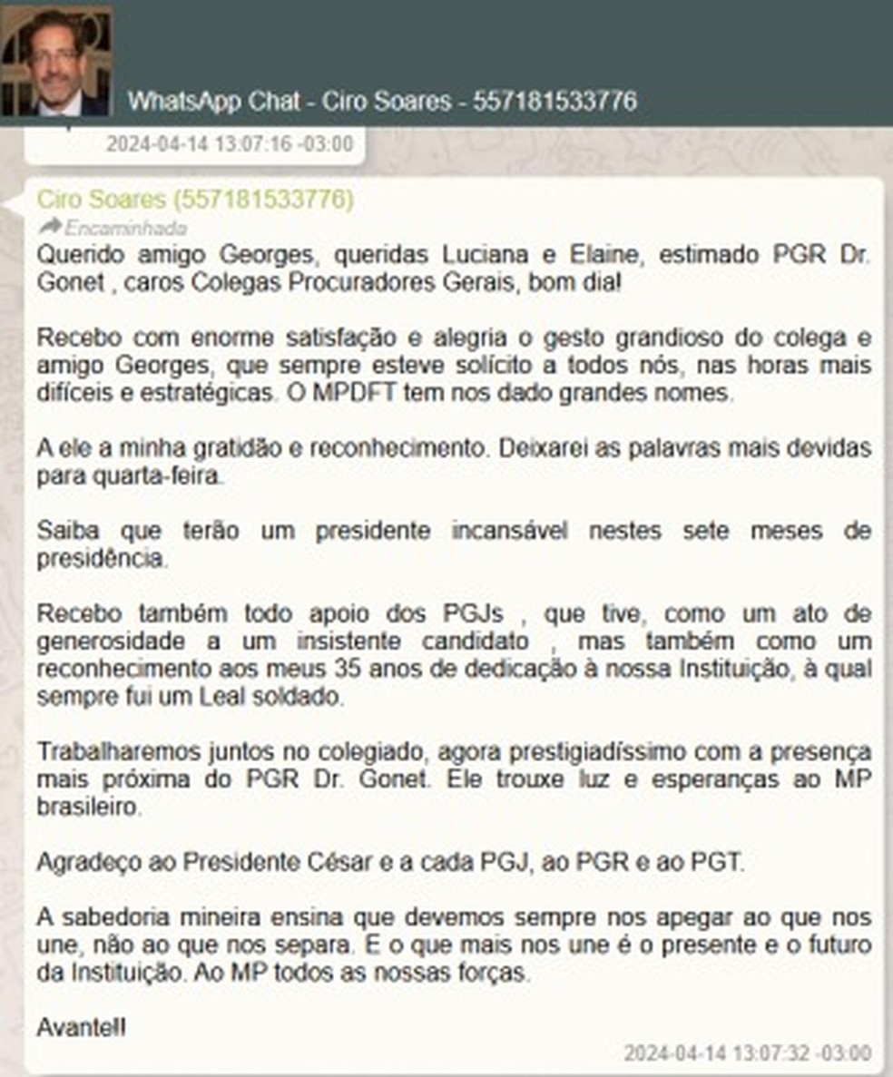 Mensagem atribuída a Jarbas Soares e encaminhada por Ciro a Vorcaro — Foto: Reprodução