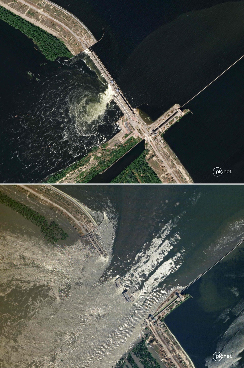 Imagem de satélite mostra a barragem da Usina Hidrelétrica de Kakhovka em 5 de junho e no dia seguinte, após ter sido danificada — Foto: Maxar Technologies / AFP