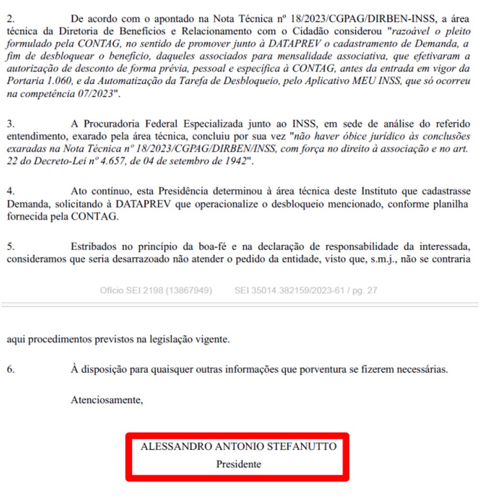 Despacho do presidente do INSS para a liberação de descontos associativos a favor da Contag — Foto: Reprodução/PF