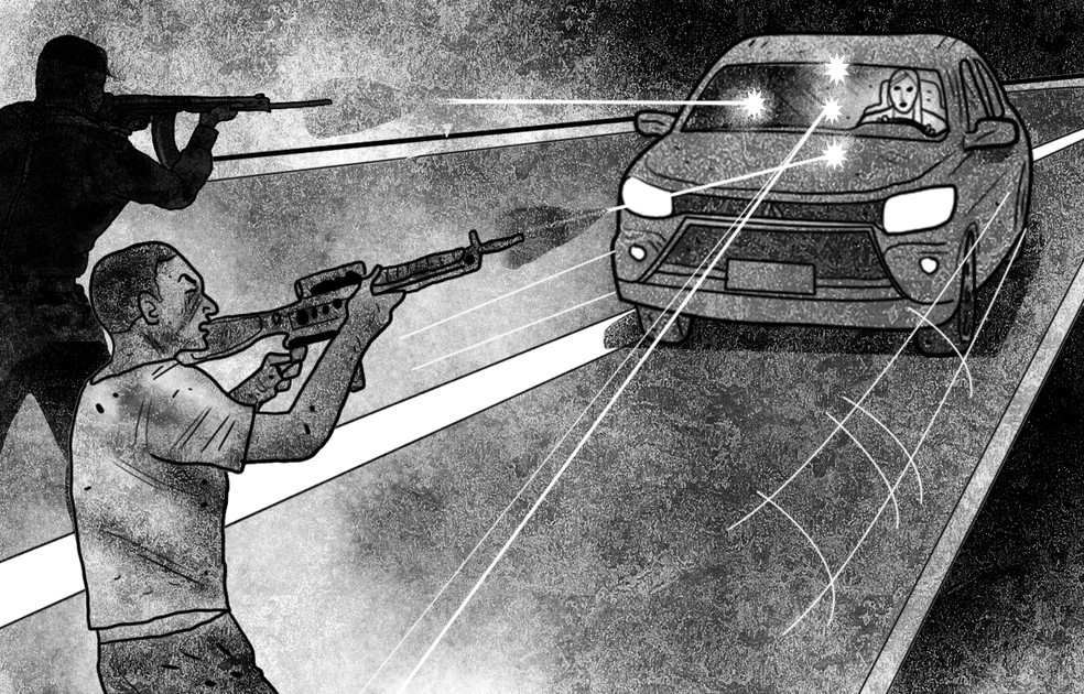 A juíza deixa o local de marcha à ré e os bandidos disparam. O carro blindado é atingido por quatro tiros e a juíza escapa ilesa — Foto: Editoria de Arte