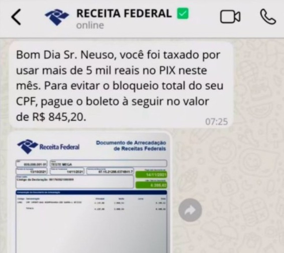 Golpistas cobram taxas falsas em transações acima de R$ 5 mil via Pix – Imagem: Receita Federal