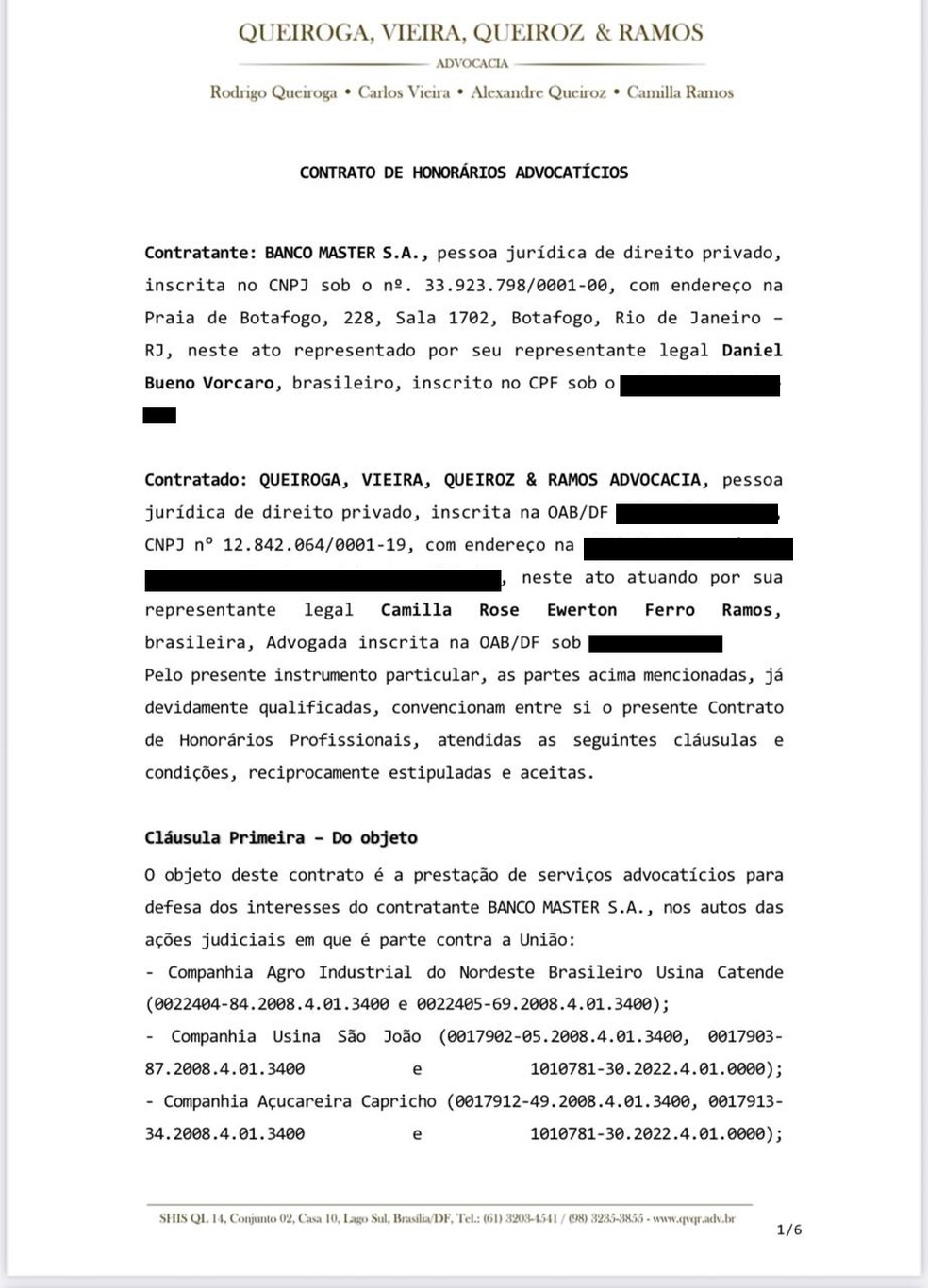 Contrato do Banco Master com o escritório de advocacia de Camilla Ramos, mulher do desembargador Newton Ramos, do Tribunal Regional Federal da 1ª Região (TRF-1) — Foto: Reprodução