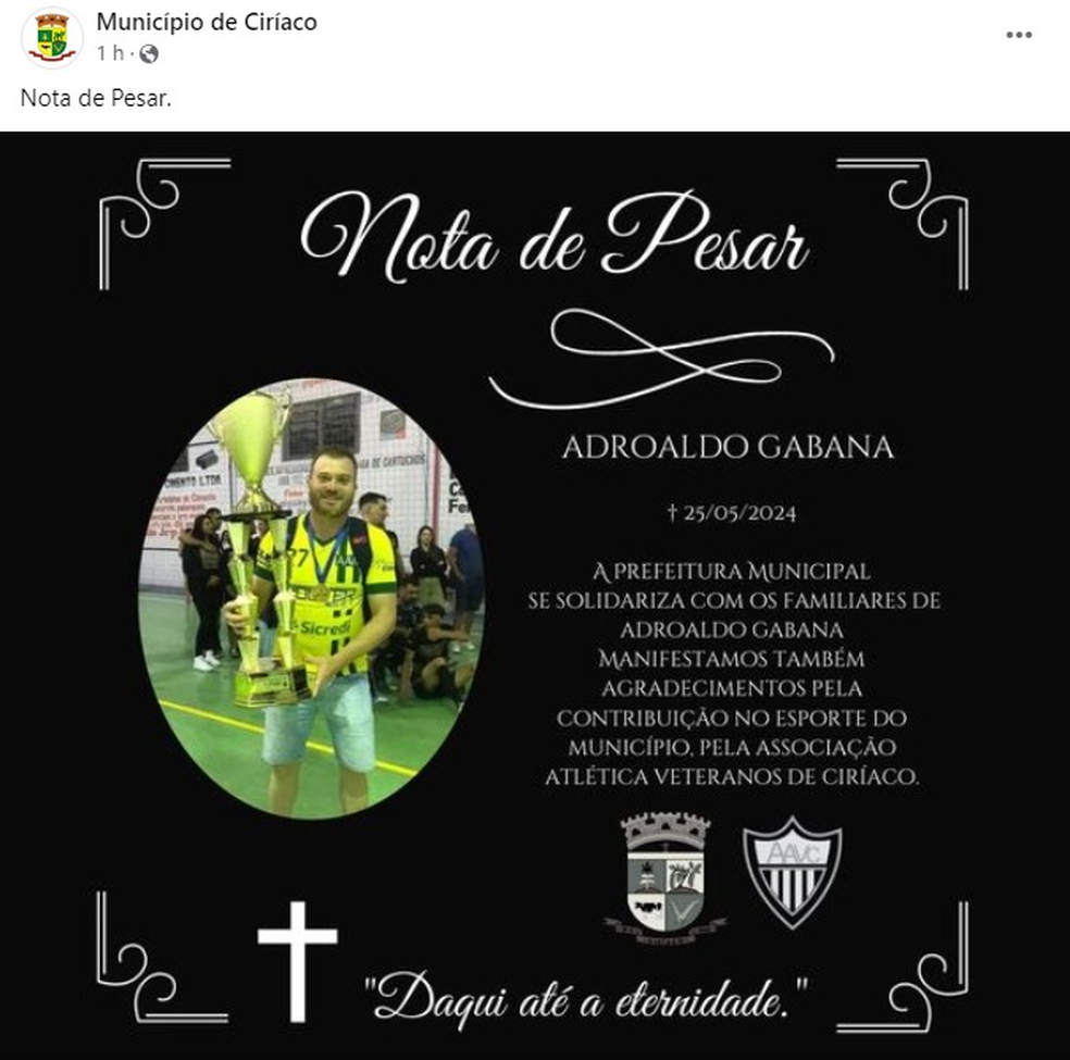 Prefeitura de Ciríaco divulgou nota de pesar por morte de voluntário — Foto: Reprodução