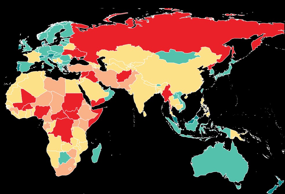 Mapa do Global Peace Index — Foto: Reprodução/GPI