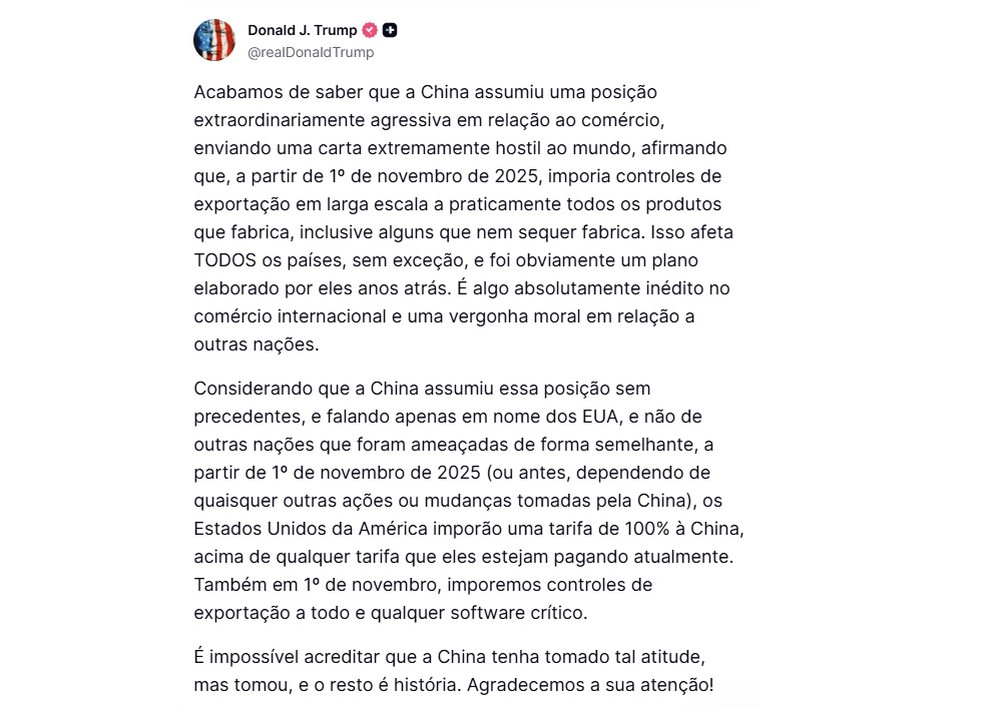 Trump anuncia tarifas de 100% sobre a China — Foto: Reprodução / Truth Social