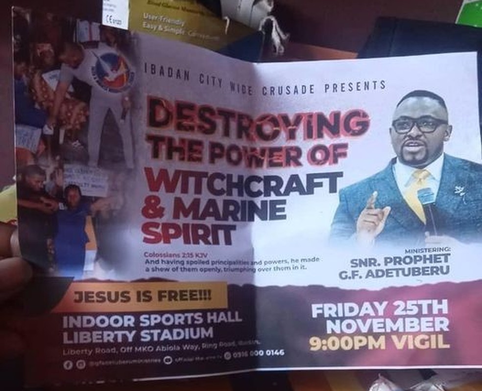 Panfleto anunciando uma vigília organizada por um grupo cristão contra bruxaria em Ibadã, na Nigéria — Foto: Reprodução / Leo Igwe