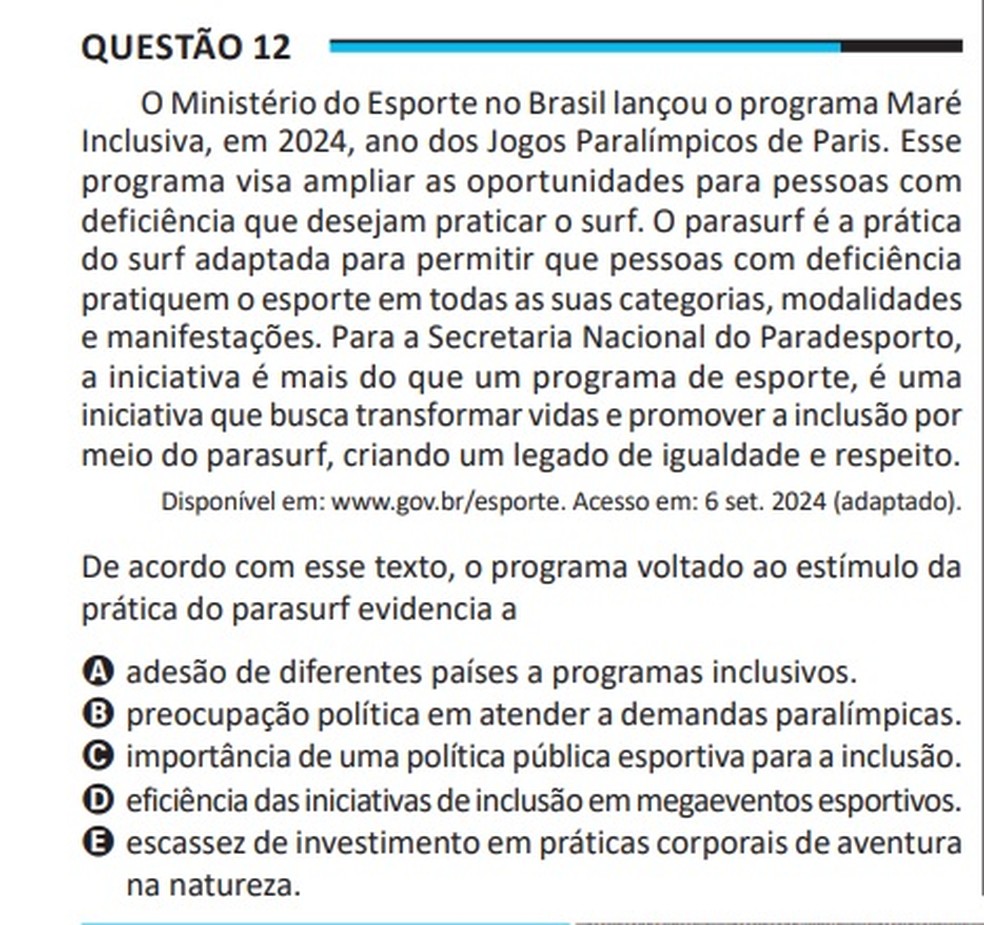 Enem: questão sobre esporte — Foto: Reprodução