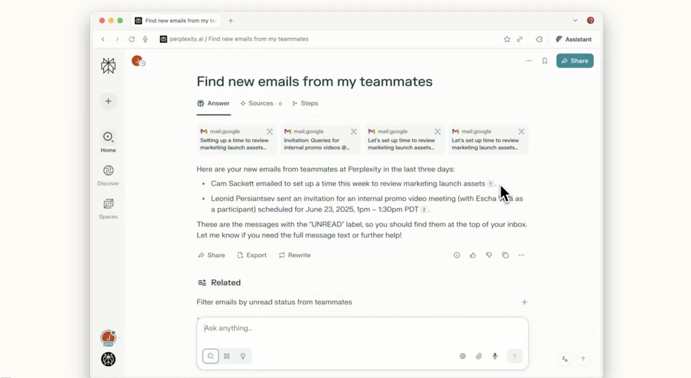 Conectado ao Gmail, navegador pode responder perguntas sobre caixa de entrada e configurar respostas e reuniões — Foto: Reprodução/Perplexity