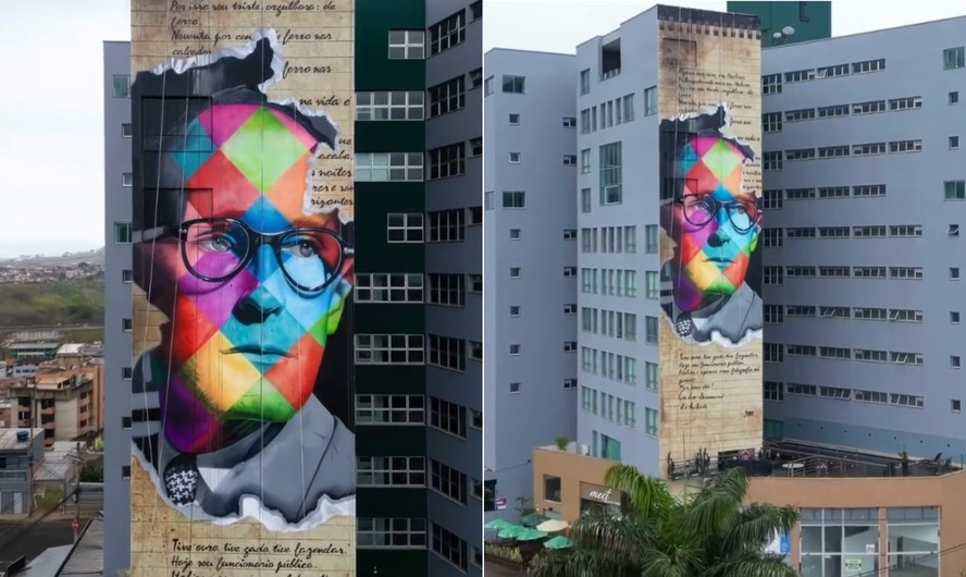 Carlos Drummond de Andrade estampa painel de grafite com 32 metros, em Itabira (MG), sua cidade natal