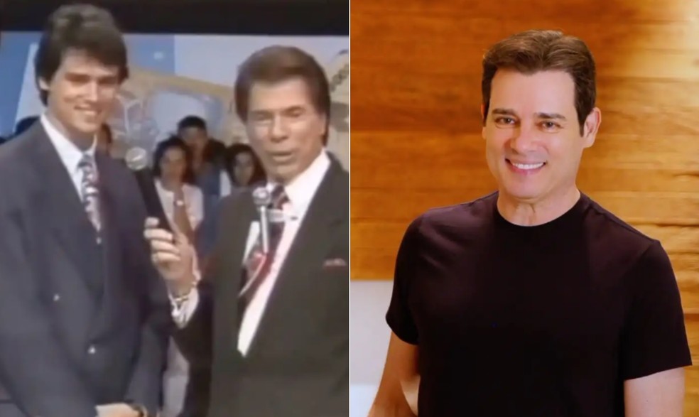 Celso Portiolli em interação com Silvio Santos na década de 1990 e atualmente — Foto: Reprodução/Instagram