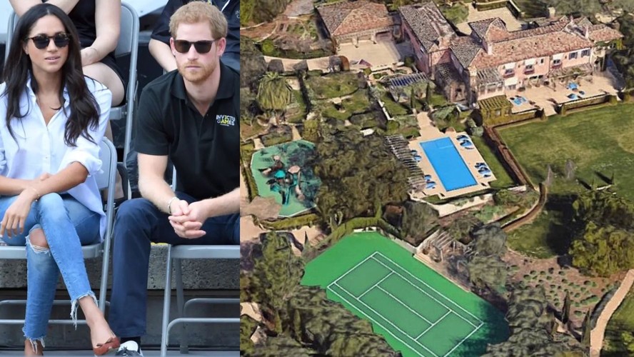 Meghan Markle e o príncipe Harry ao lado de vista aérea da mansão em que vivem na Califórnia há três anos