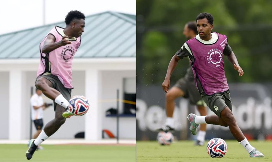 Vini Jfr e Rodrygo durante o treino do Real Madrid antes do confronto com o Juventus