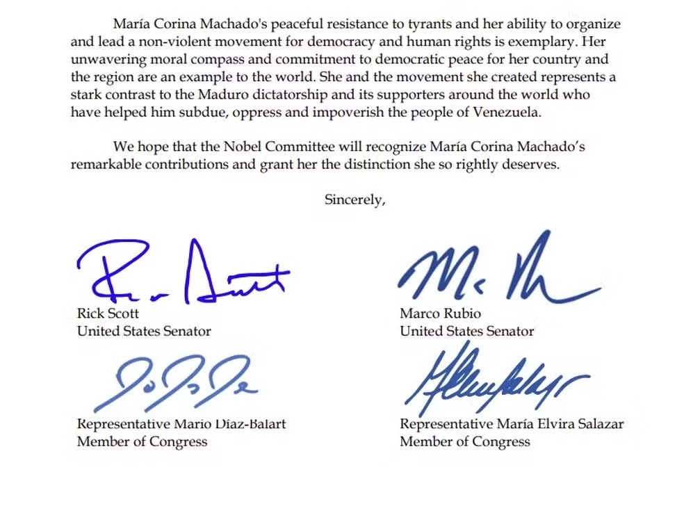 Carta assinada por Rubio indicando María Corina ao Nobel da Paz — Foto: Reprodução