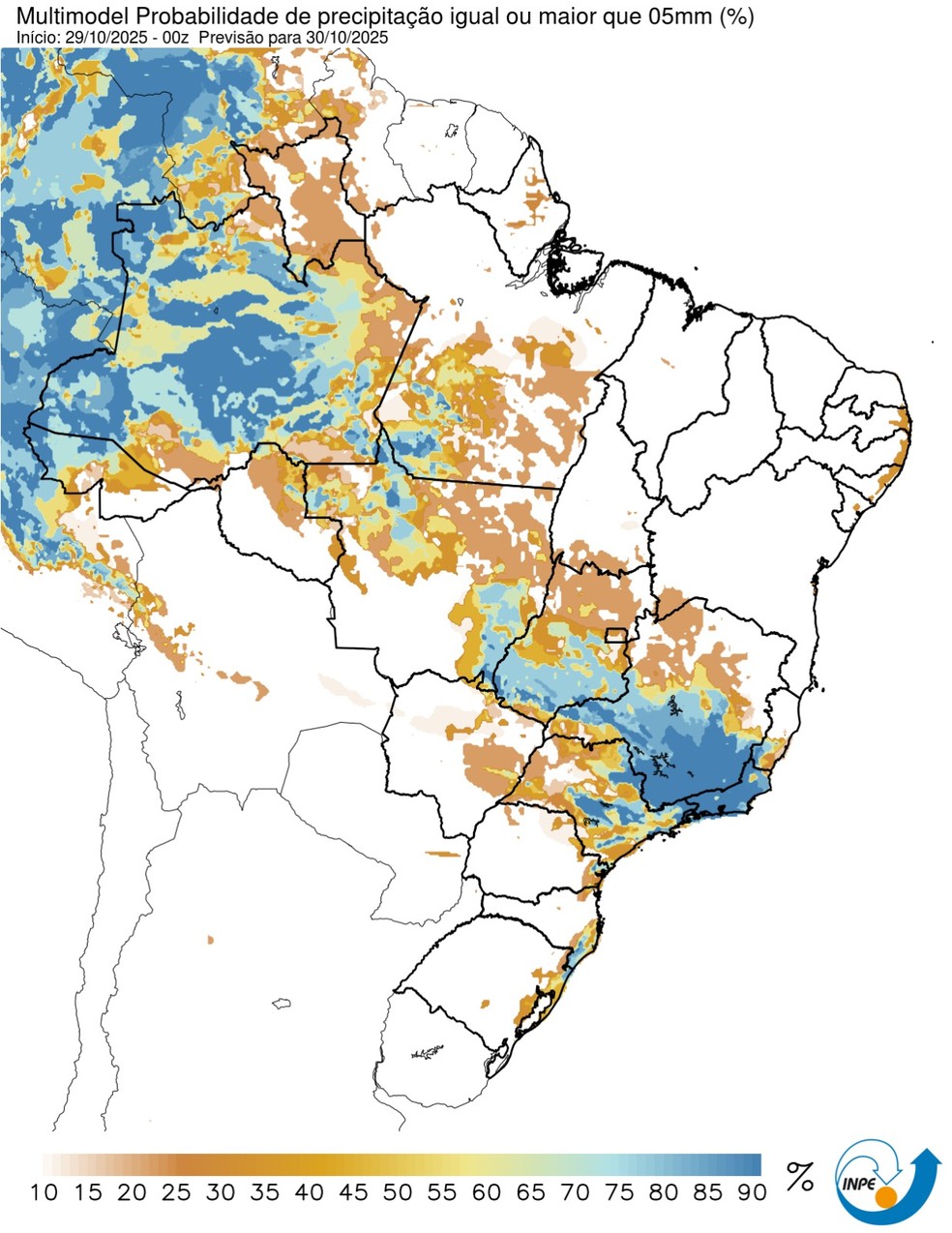 Mapa do Inpe mostra alta probabilidade de chuvas na região Sudeste, no Amazonas e em partes de Goiás, Pará e Mato Grosso — Foto: Reprodução