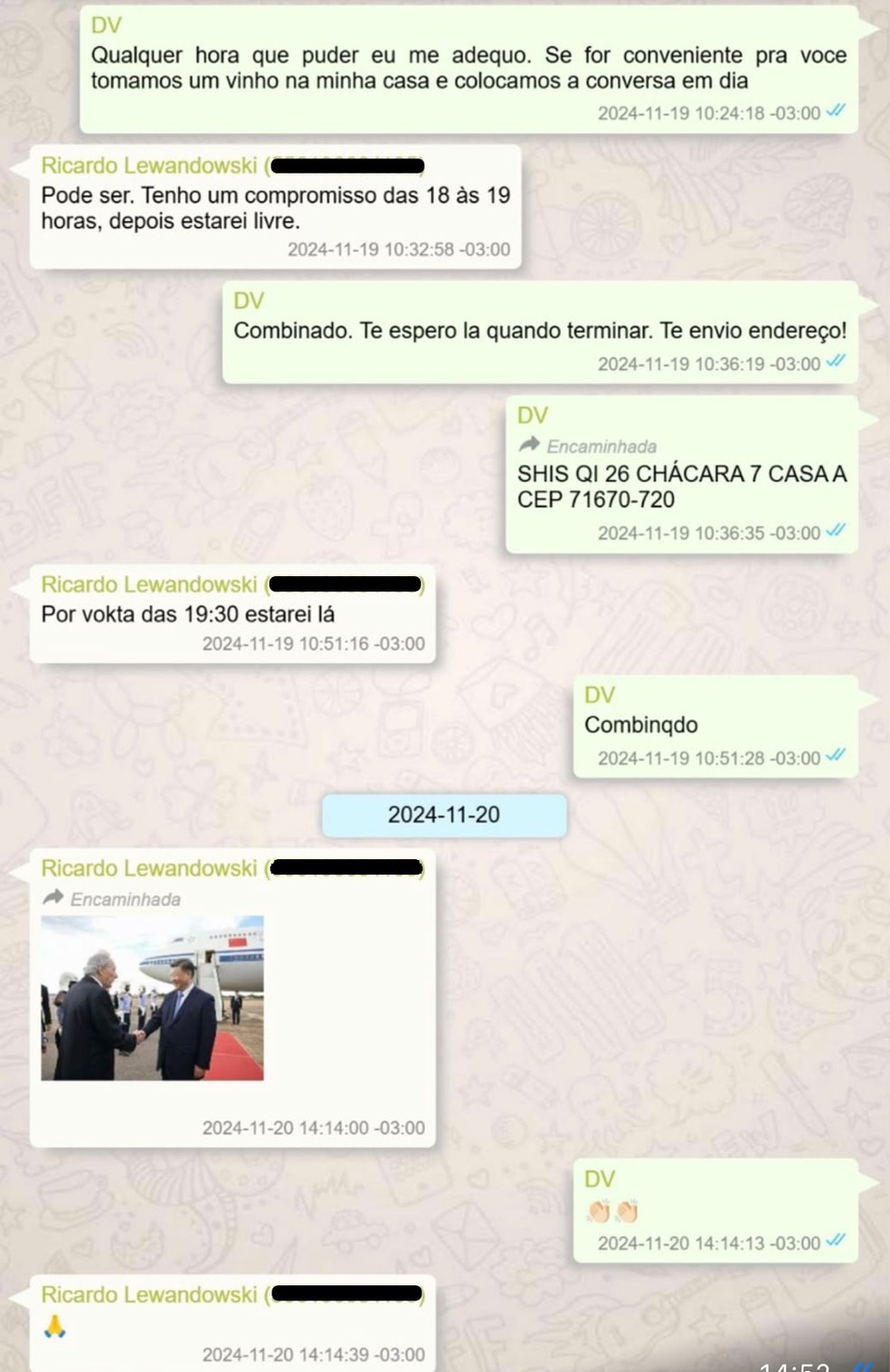 Mensagens trocadas entre o ex-ministro Ricardo Lewandowski e Daniel Vorcaro obtidas pela PF — Foto: Reprodução