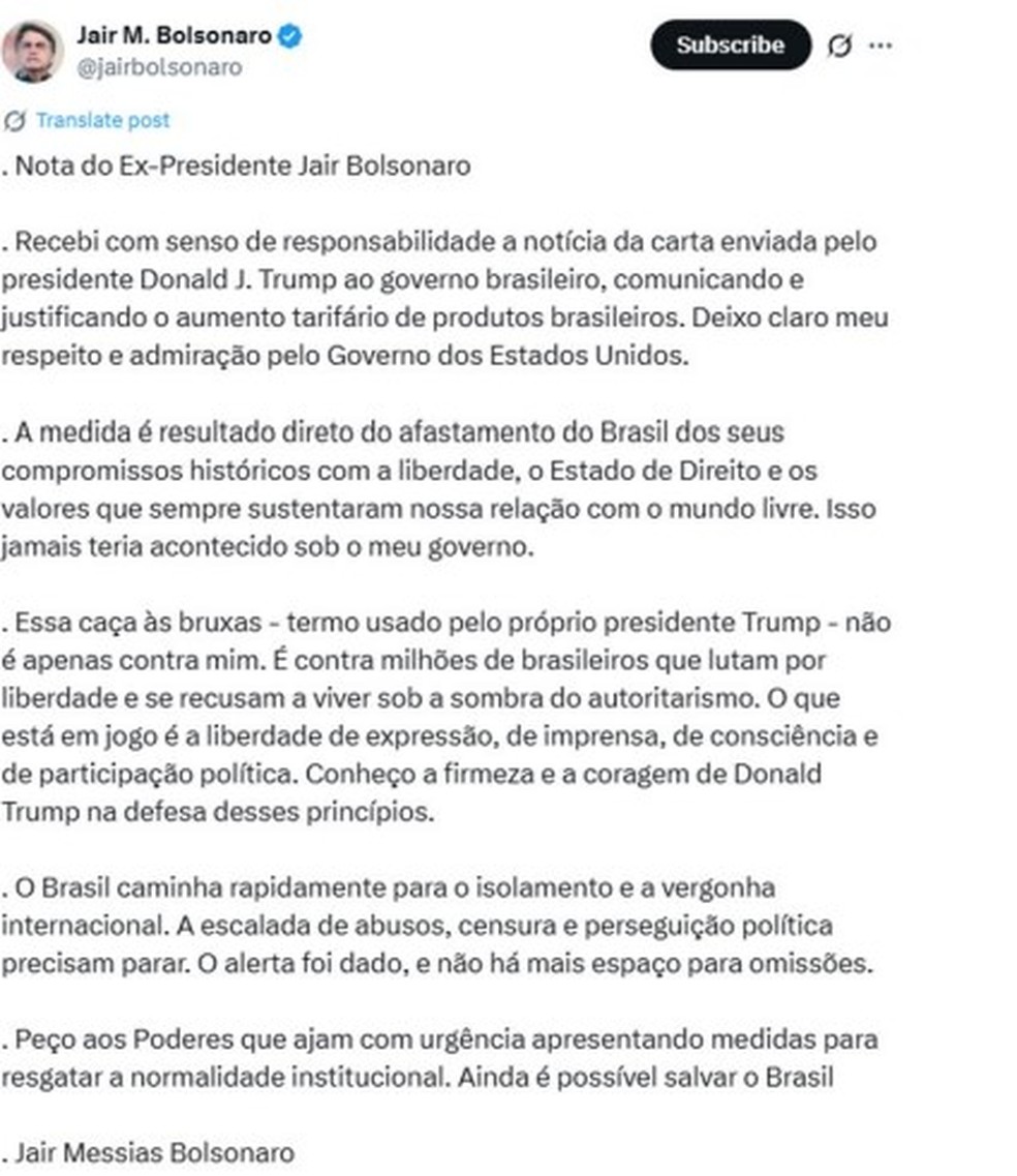 Bolsonaro comenta carta de Trump — Foto: Reprodução