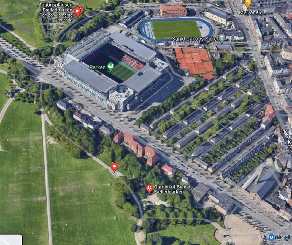 O estádio que abriga o Geranium, em Copenhague — Foto: Reprodução/Google Maps
