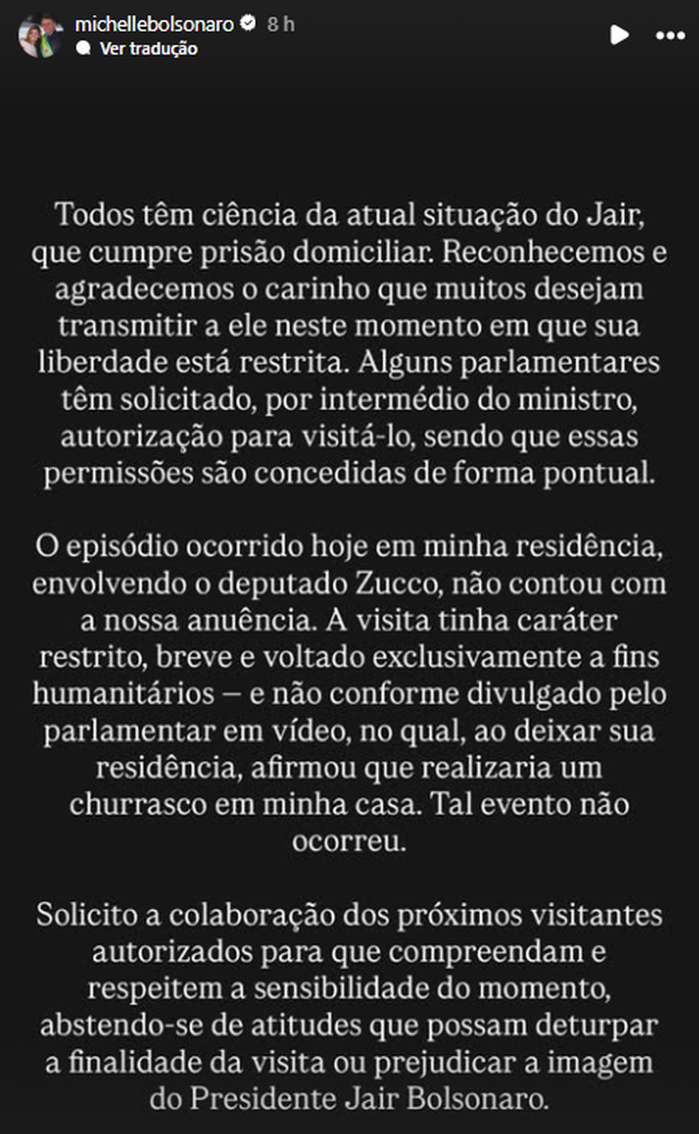 Postagem de Michelle Bolsonaro no Instagram &mdash; Foto: Reprodu&ccedil;&atilde;o