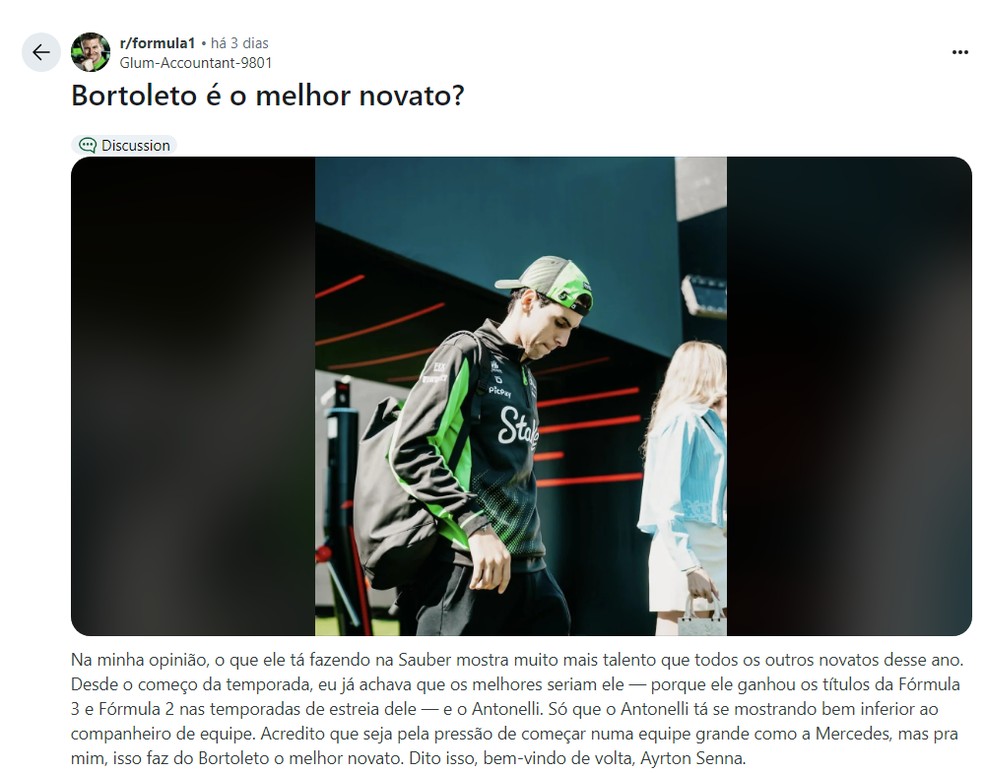 Usuário afirma que Gabriel Bortoleto é o melhor novato da temporada 2025 da F1 — Foto: Reprodução