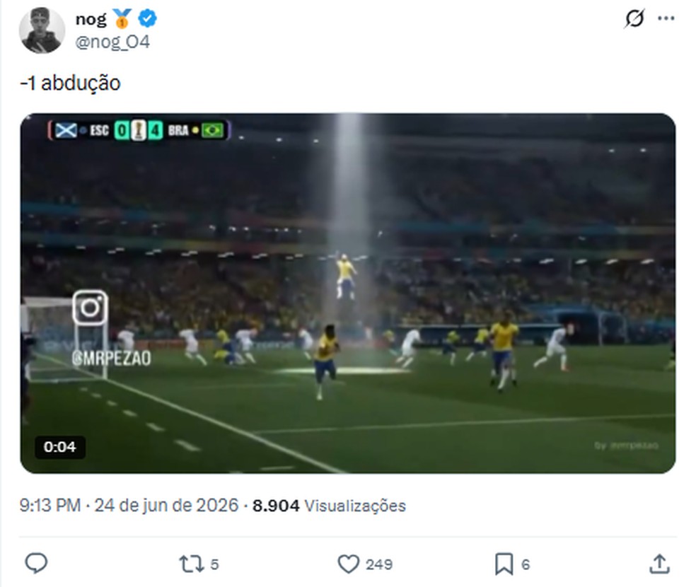 Internautas brincam com 'abdução' de jogadores na partida entre Brasi e Escócia — Foto: Reprodução / X