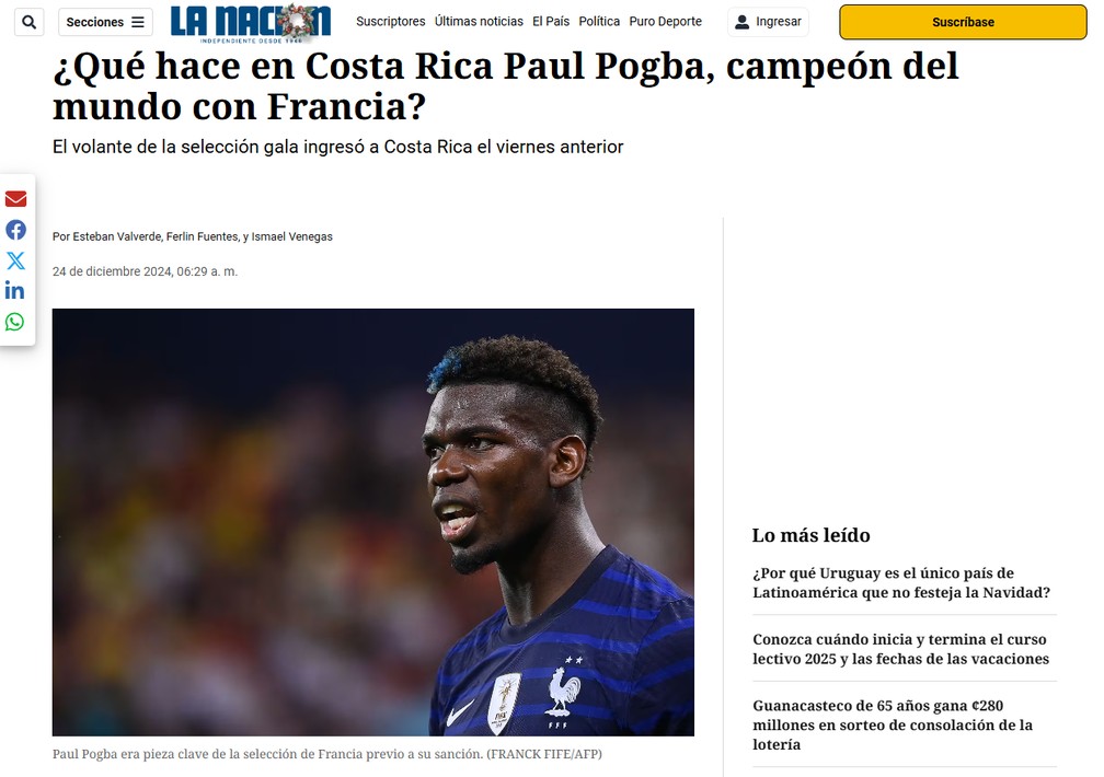Reportagem de jornal costarriquenho sobre viagem de Pogba – Foto: Reprodução
