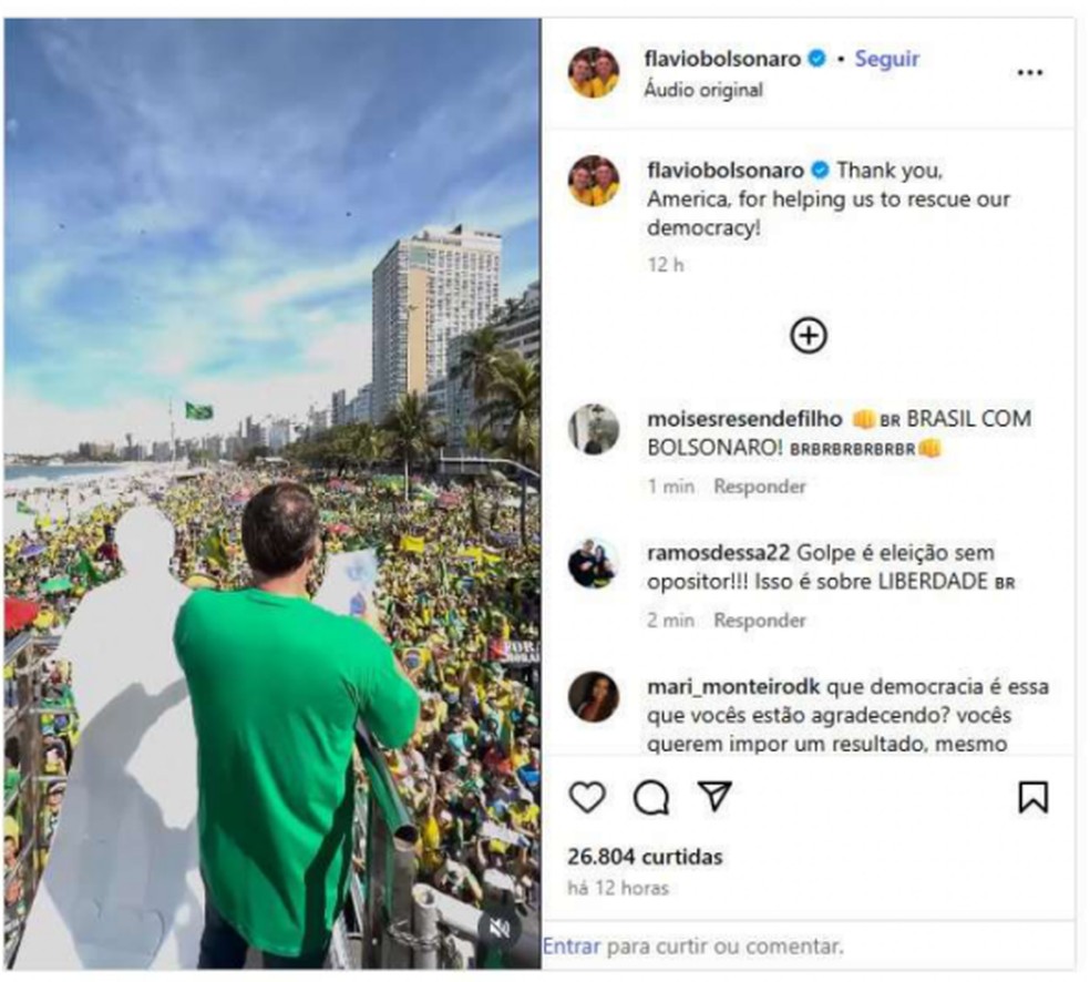 Publicação feita por Flávio Bolsonaro em que o senador agradece aos Estados Unidos — Foto: Reprodução