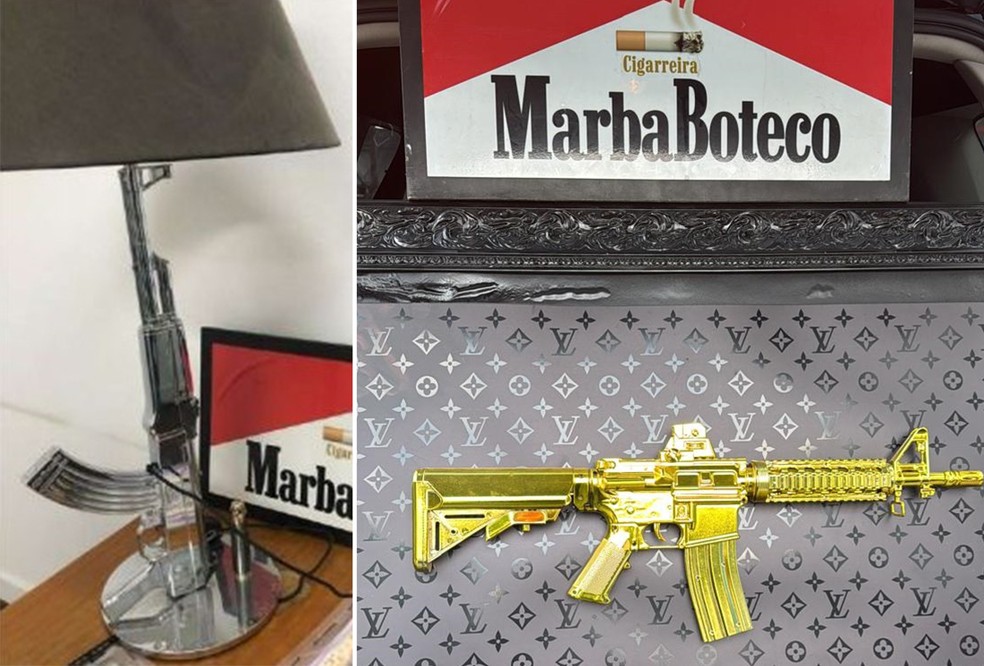 Abajur em formato de fuzil, arma dourada em quadro e mural que traz o apelido "Cigarreira" — Foto: Reprodução