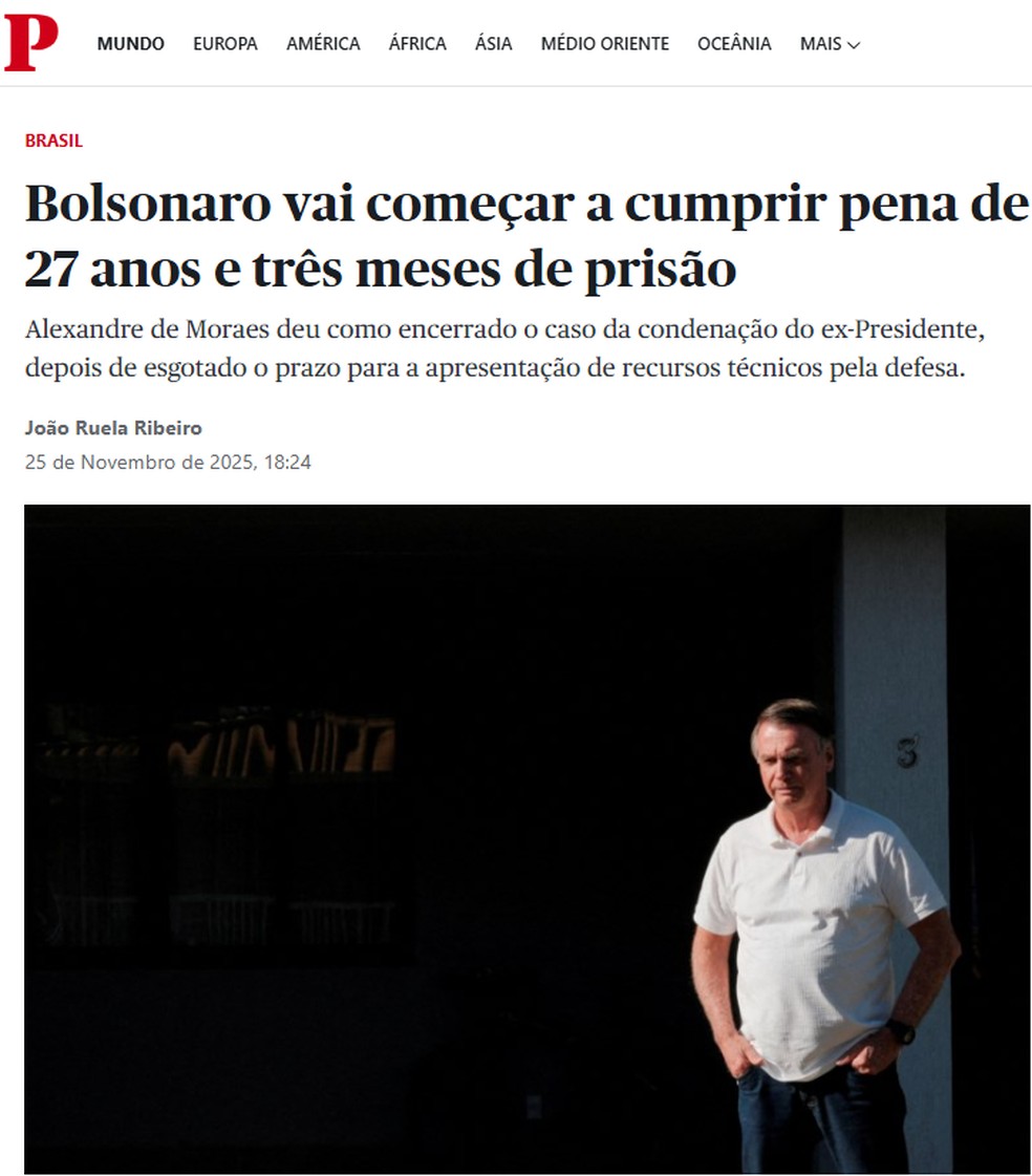 Notícia sobre a prisão de Bolsonaro no português Público — Foto: Reprodução