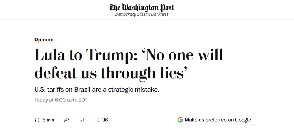 Lula publica texto com críticas a tarifaço no Washinton Post — Foto: Reprodução