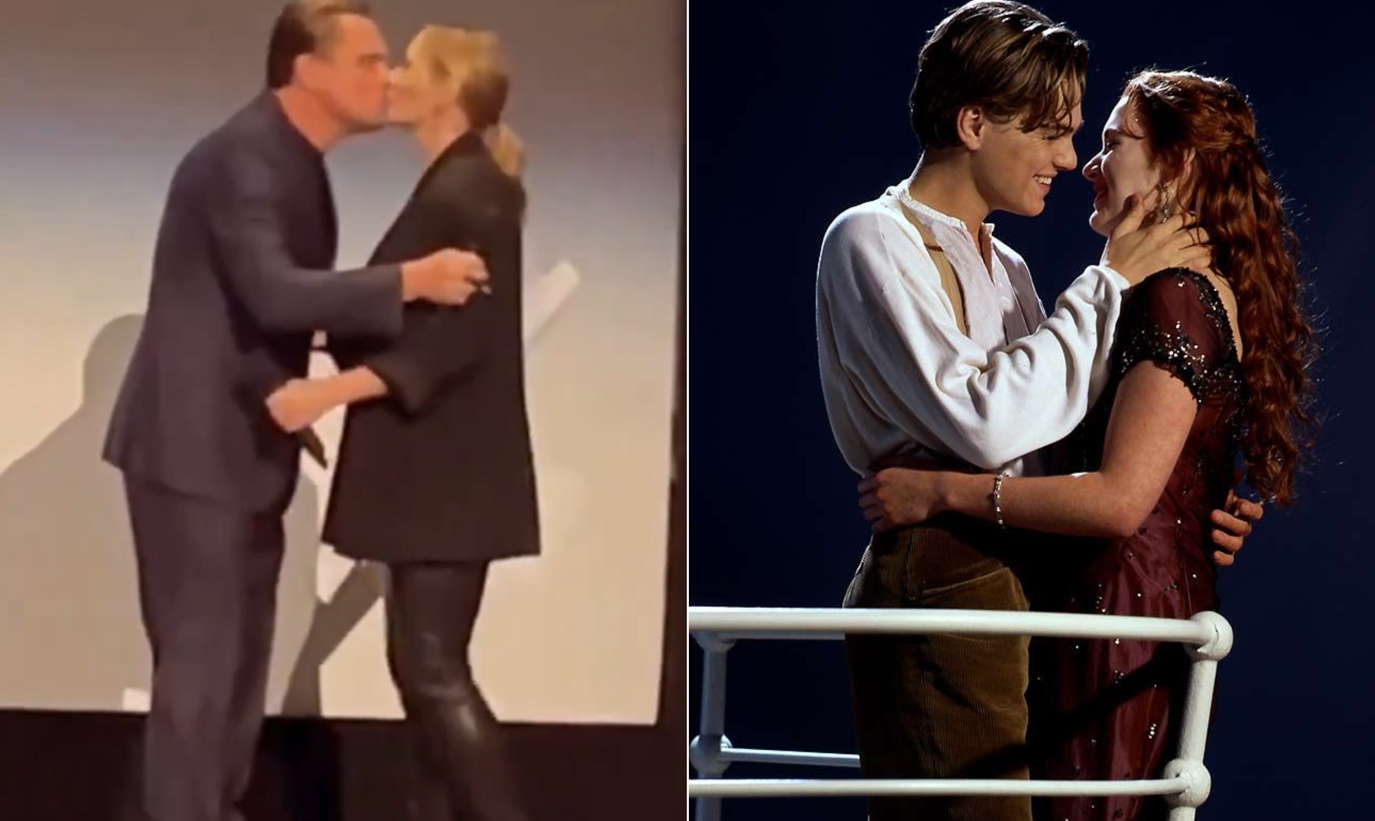 27 anos após 'Titanic', Leonardo DiCaprio e Kate Winslet se beijam em apresentação de novo filme da atriz