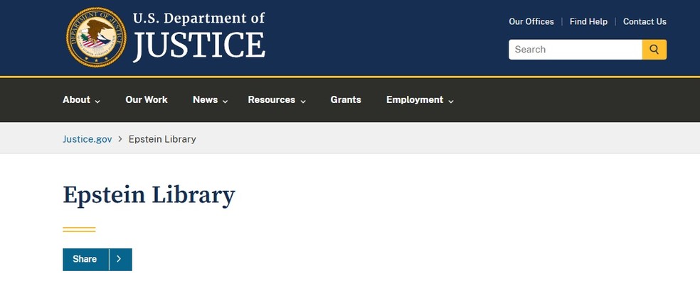 US Department of Justice page for release of records on the case against Jeffrey Epstein — Photo: reproduction