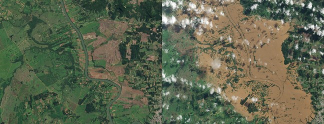 Imagens aéreas registradas perto de Taquari e Roca Sales, ao longo do rio Taquari, no Rio Grande do Sul: à esquerda, imagem feita em 17 de agosto de 2023 e, à direita, o mesmo local em 6 de setembro — Foto: Foto de Folheto / Planet Labs PBC / AFP