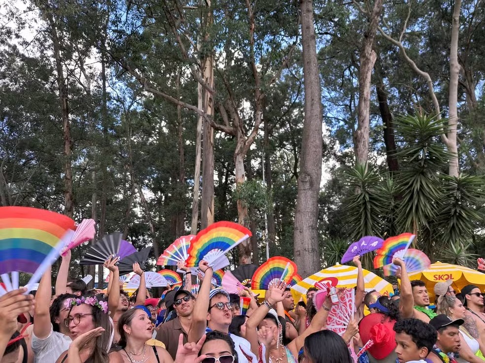 Foliões com leques nas cores do arco-íris em apresentação da cantora Pabllo Vittar no Ibirapuera — Foto: Leonardo Zvarick/g1