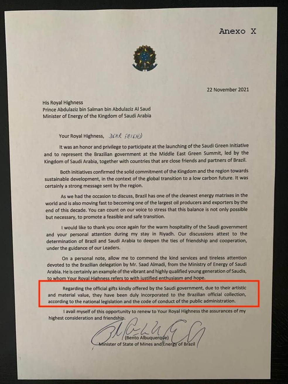 Carta de Bento Albuquerque a príncipe árabe diz que presentes foram incorporados a acervo presidencial, o que não havia ocorrido — Foto: Reprodução