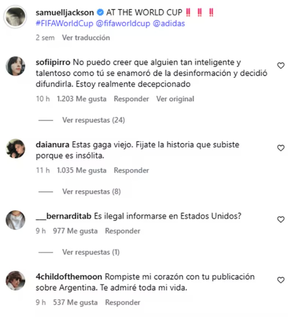 Samuel L. Jackson recebeu uma série de comentários de argentinos decepcionados com uma publicação sua em que acusava o país de racismo — Foto: Reprodução / Instagram
