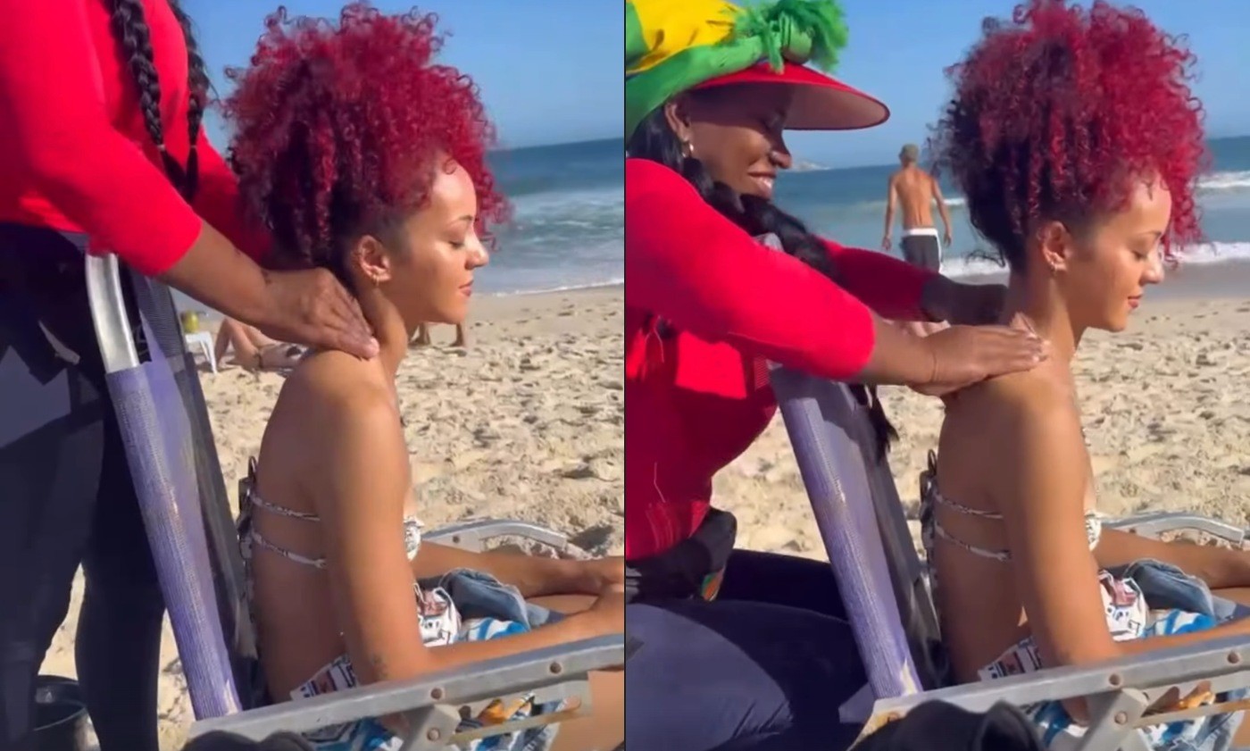 Pela primeira vez no Brasil, Georgia South, do Nova Twins, que abre o Palco Mundo do Rock in Rio nesta sexta (4), ganha massagem na praia; vídeo - Foto
